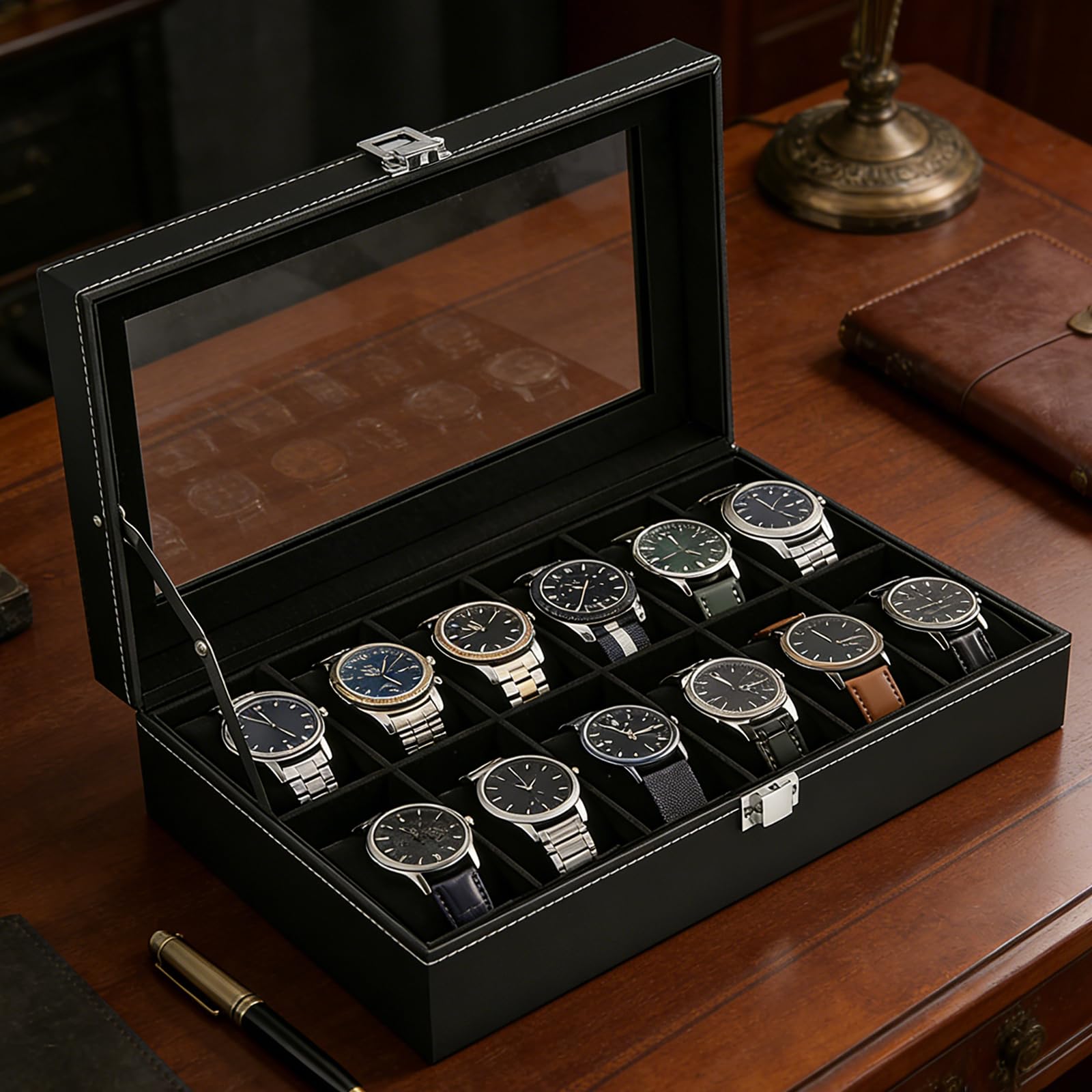 Boîte à Montres à 12 Emplacements,Présentoir à Montres,Boite Rangement Montre,Coffret à Montres avec Couvercle en Verre,Coussinets Amovibles,Cadeaux de Noël pour hommes et femmes