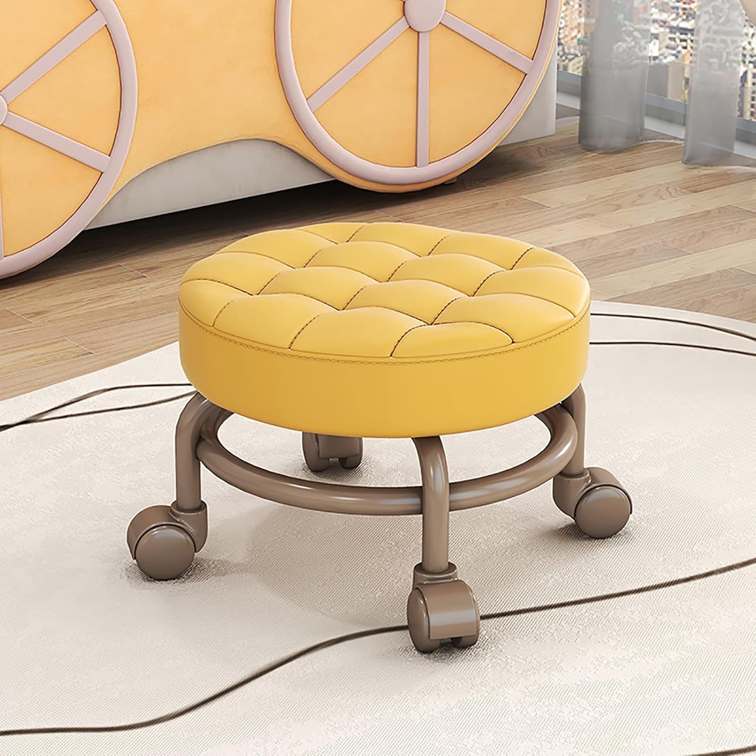 Low Rolling Stool with 360掳 Wheels, Roller Seat with Swivel Wheels, Wheel Stool Chair with Pu Leather Cushion for Home, Kitchen, Office, Garage,E,Fone Size