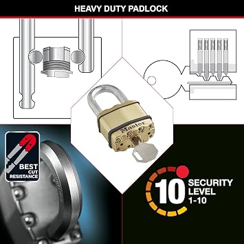 MASTER LOCK Heavy Duty Padlock, Security Level 10/10, Outdoor, Keyed, Laminated Steel/Brass Finish, Weatherproof, Medium Shackle