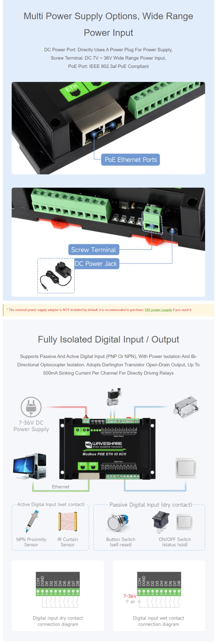 PoE Ethernet Modbus IO Module 8DI 8DO, Modbus TCP/RTU, Dual LAN Ports Cascade, IEEE 802.3af PoE + DC 7-36V, 500mA Sink Outputs, DIN Rail Mount, Isolation Protection