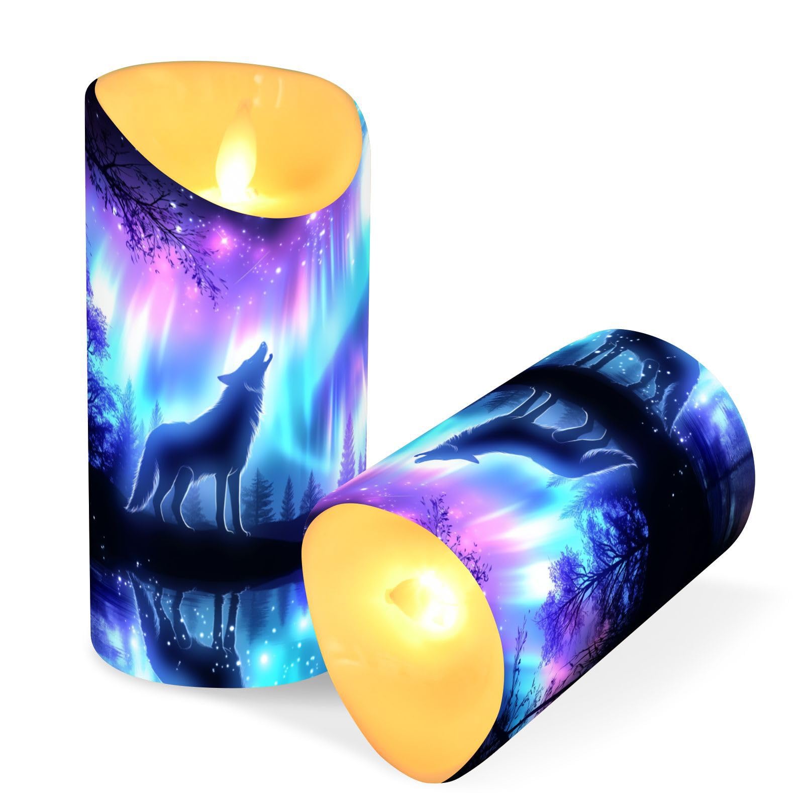 Velas sin llama Aurora Borealis Wolf de diseño nórdico con luces LED parpadeantes 8