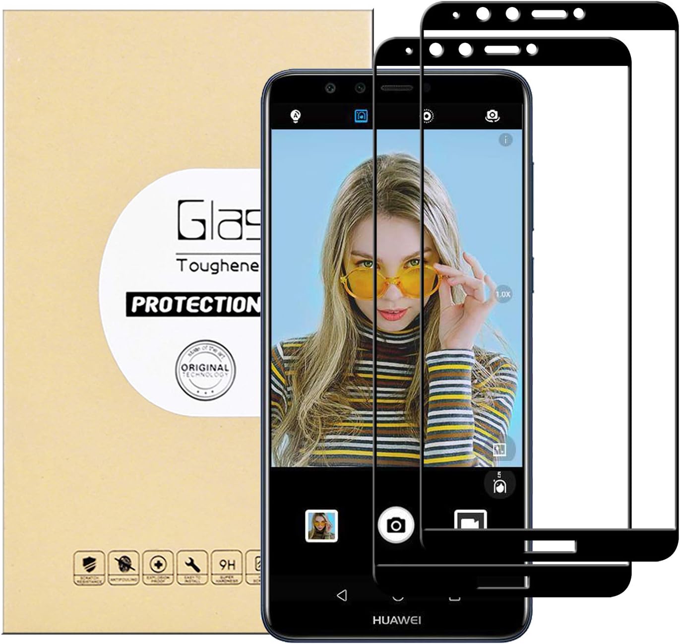 KTTWO Huawei Y9 2018 Screen Protector Glass, (2PACK) Full Screen Coverage Anti-Scratch Bubble-Free Tempered Glass Screen Protector with Full Glue for Huawei Y9 2018 5.93" Screen, Black