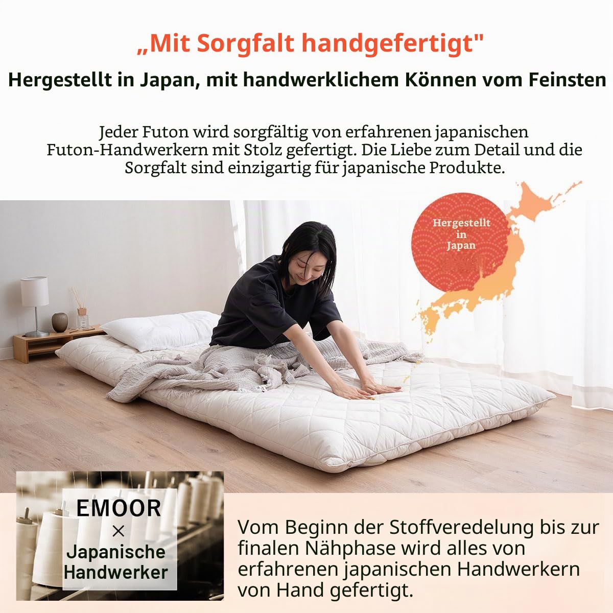 EMOOR Extradicke Japanische Futonmatratze Ohne Saum 140 x 200 cm Weiß, Hergestellt in Japan Faltbares Bodenschlafbett Tatami-Matte