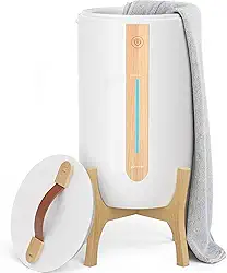 Keenray Aquecedor de toalhas para banheiro com suporte de madeira, balde de aquecedor de toalhas com barra de progresso de aquecimento, suporte de disco perfumado, balde de toalha de desligamento