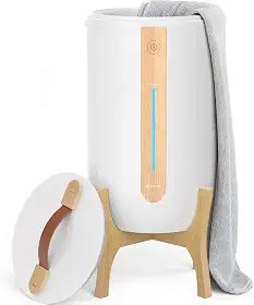 Keenray Aquecedor de toalhas para banheiro com suporte de madeira, balde de aquecedor de toalhas com barra de progresso de aquecimento, suporte de disco perfumado, balde de toalha de desligamento
