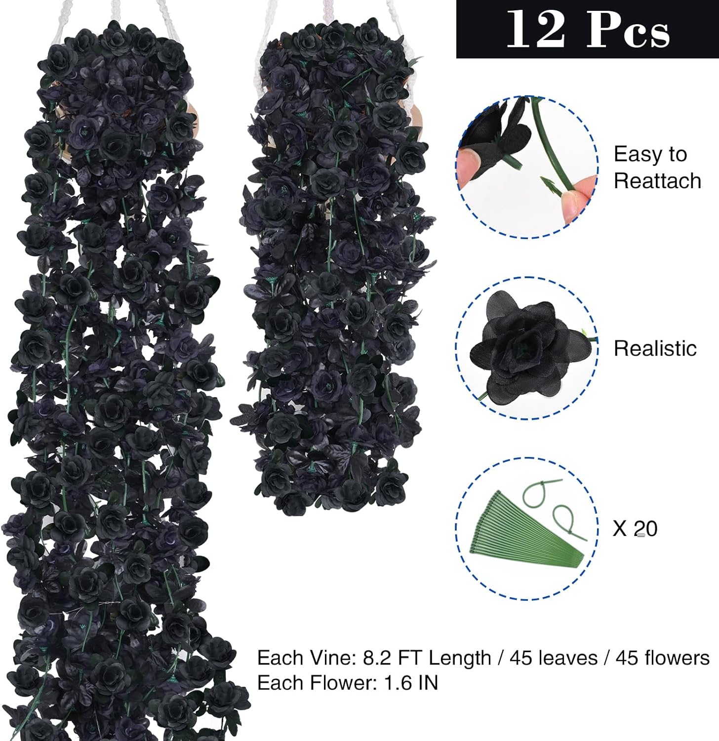 bleum cade 12pcs 98.4ft flower garland artificial rose vines for bedroom, cute fake hanging flower vines floral garland decorations for halloween wedding party wall room decor aesthetic black 12 pcs