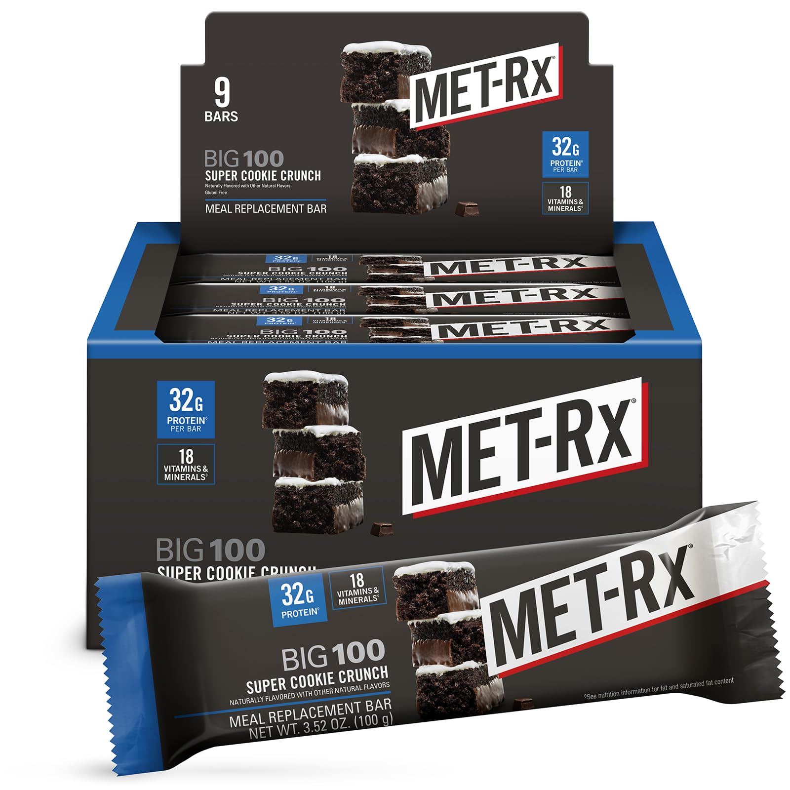 MET-Rx Big 100 Protein Bar, Meal Replacement Bar, 32G Protein, Super Cookie Crunch, 3.52 Oz (Pack of 9)