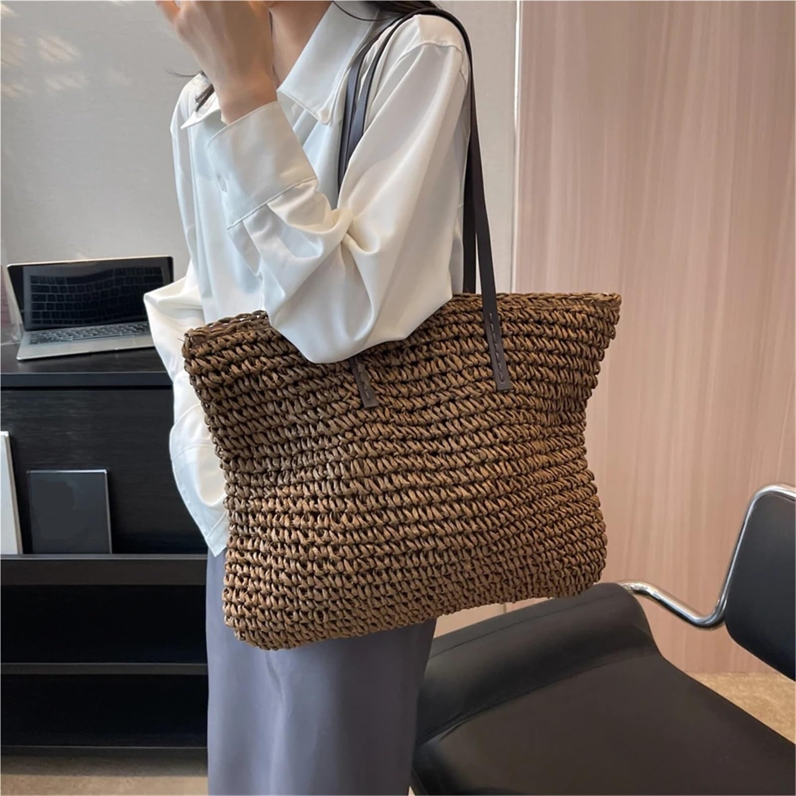 Bolsas tejidas de paja para mujer, gran capacidad, bolsa de playa, color puro, bolsa de compras grande de verano