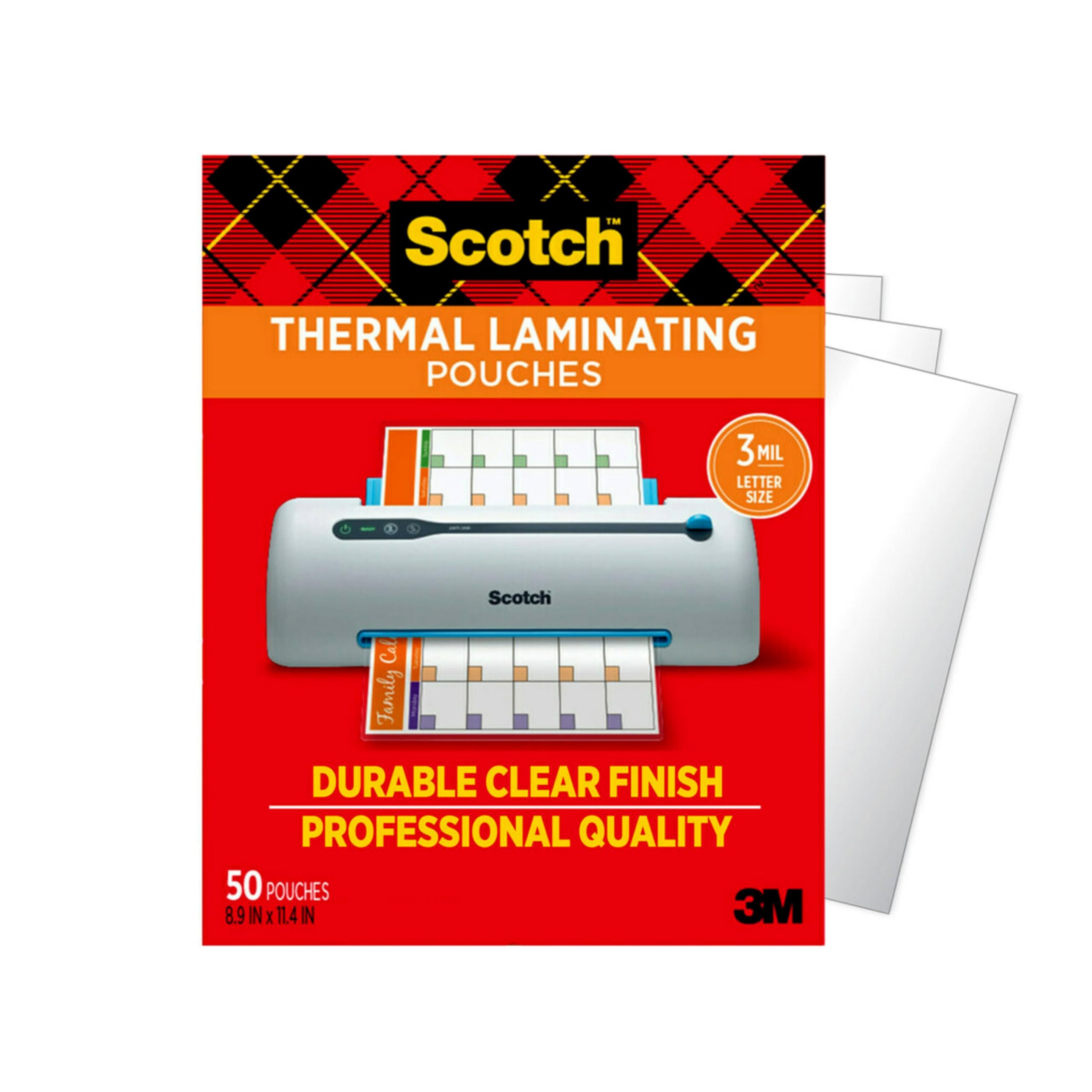 Scotch Thermal Laminating Pouches, 50 Count, Clear, 3 mil., Laminate Business Cards, Banners and Essays, Ideal Office or School Supplies, Fits Letter Sized (8.9 in. × 11.4 in.) Paper