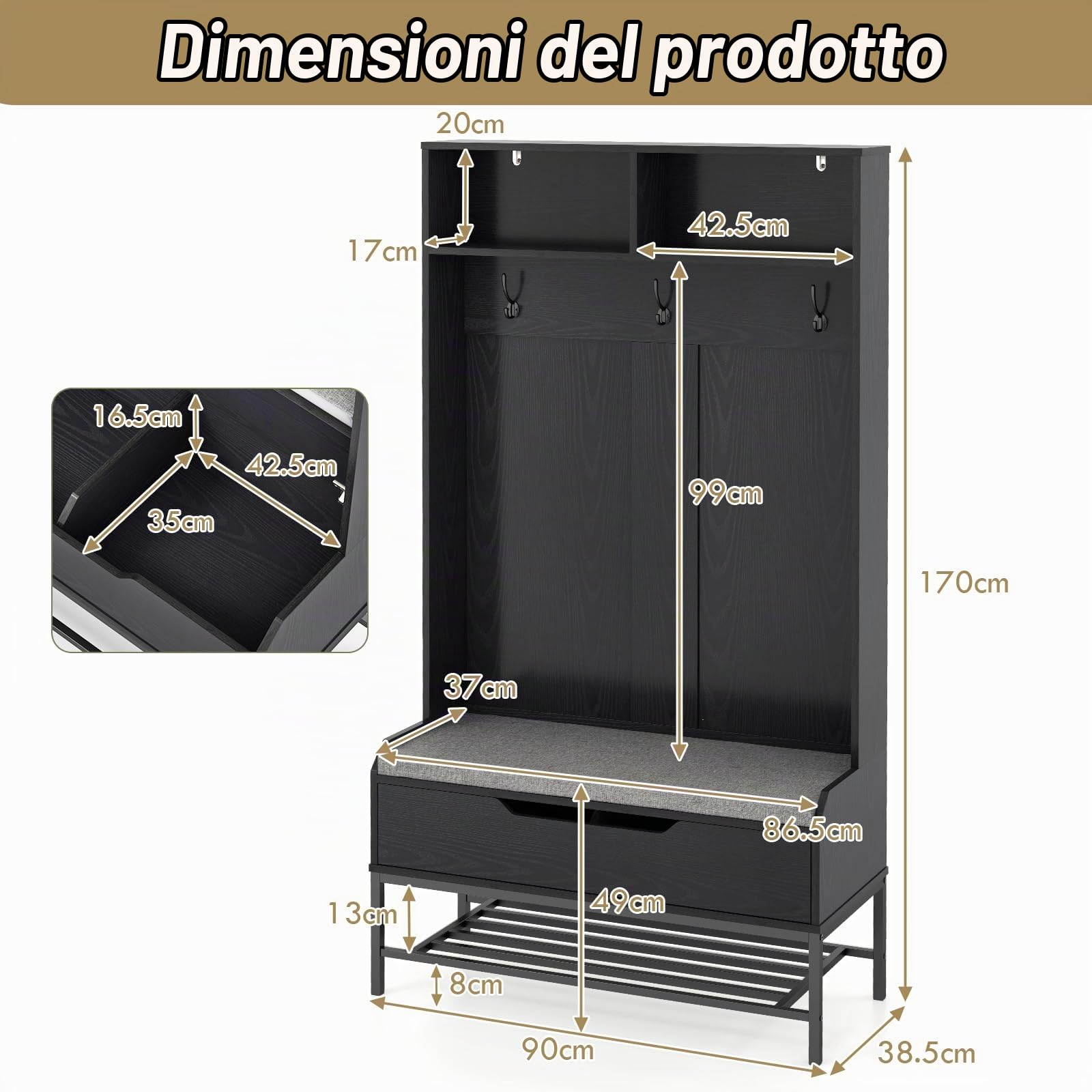 HOMASIS 4 in 1 Stand Appendiabiti da Terra, Mobile Ingresso con Scarpiera, Cassetto, Panca per Scarpe, 2 Scomparti e 3 Ganci, Armadio Aperto da Corridoio, Camera da Letto, 90 x 39 x 170 cm (Nero)