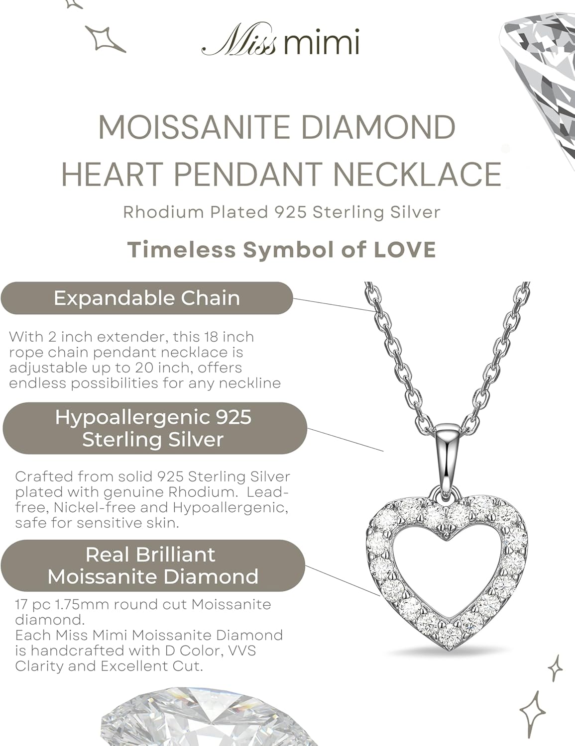 Miss mimi Moissanite Pendant Necklace for Women, 925 Sterling Silver Cross, Heart, Moon & 2CT Solitaire Options, 18K Gold Plated or Rhodium Plated, Adjustable 16–18 in Chain + 2 in Extender - Image 2