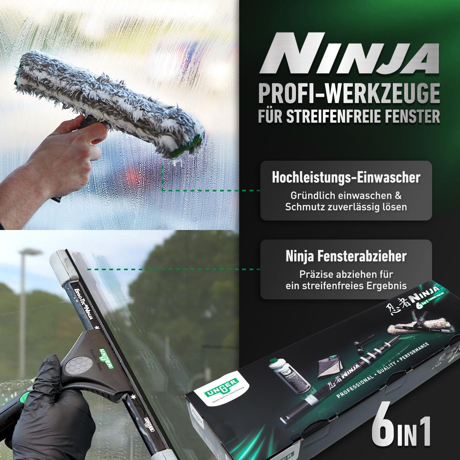 Unger Ninja AKN19 Lot de 6 Barres en Carbone 6 en 1 pour Nettoyage des vitres avec Tige télescopique de 1,90 m et Accessoires, Nettoyage Professionnel des vitres