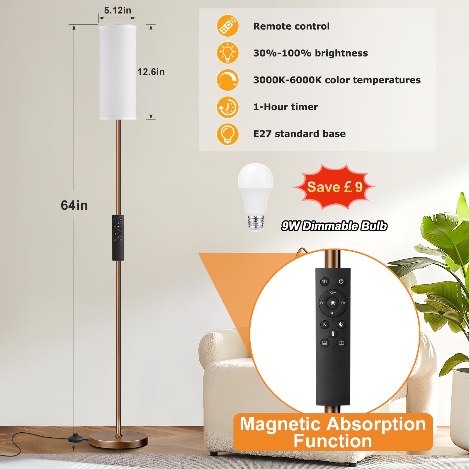 Aooshine Floor Lamps for Living Room 64" Modern Floor Lamp with White Shade and Brown Pole(9W Bulb Included) - Image 3