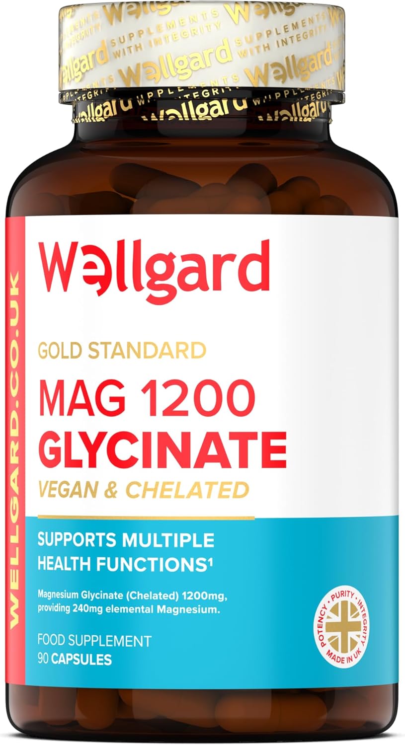 Pure Magnesium Glycinate by Wellgard – Not Mixed with Citrate or Malate, High-Strength Magnesium Supplement, Mag 1200, Vegan, High Absorption Bisglycinate, 240mg Elemental Magnesium, Made in UK