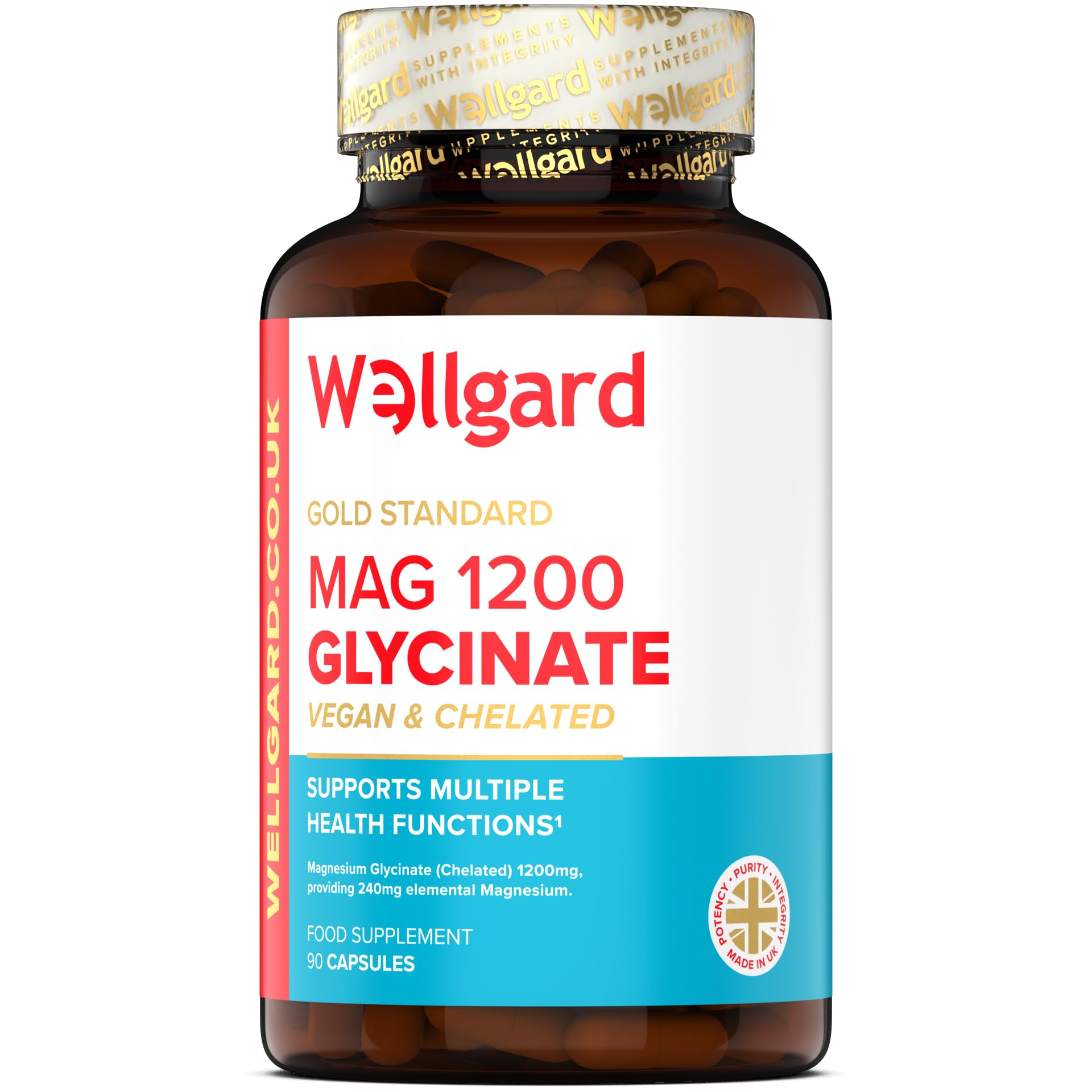 Pure Magnesium Glycinate by Wellgard - Not Mixed with Citrate or Malate, High-Strength Magnesium Supplement, Mag 1200, Vegan, High Absorption Bisglycinate, 240mg Elemental Magnesium, Made in UK