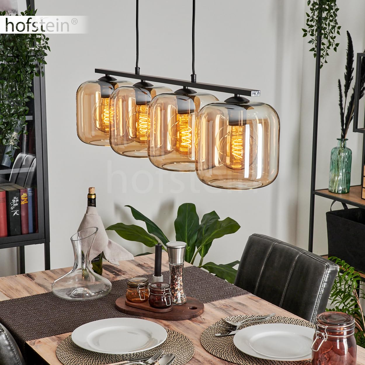 Pendelleuchte Lauden, Hängeleuchte aus Metall/Glas in Schwarz/Bernsteinfarben, Leuchte im Vintage/Retro Design, Schirme aus Glas (Ø 20 cm), 4-flammig, Höhe max. 111,5 cm, 4 x E27, ohne Leuchtmittel