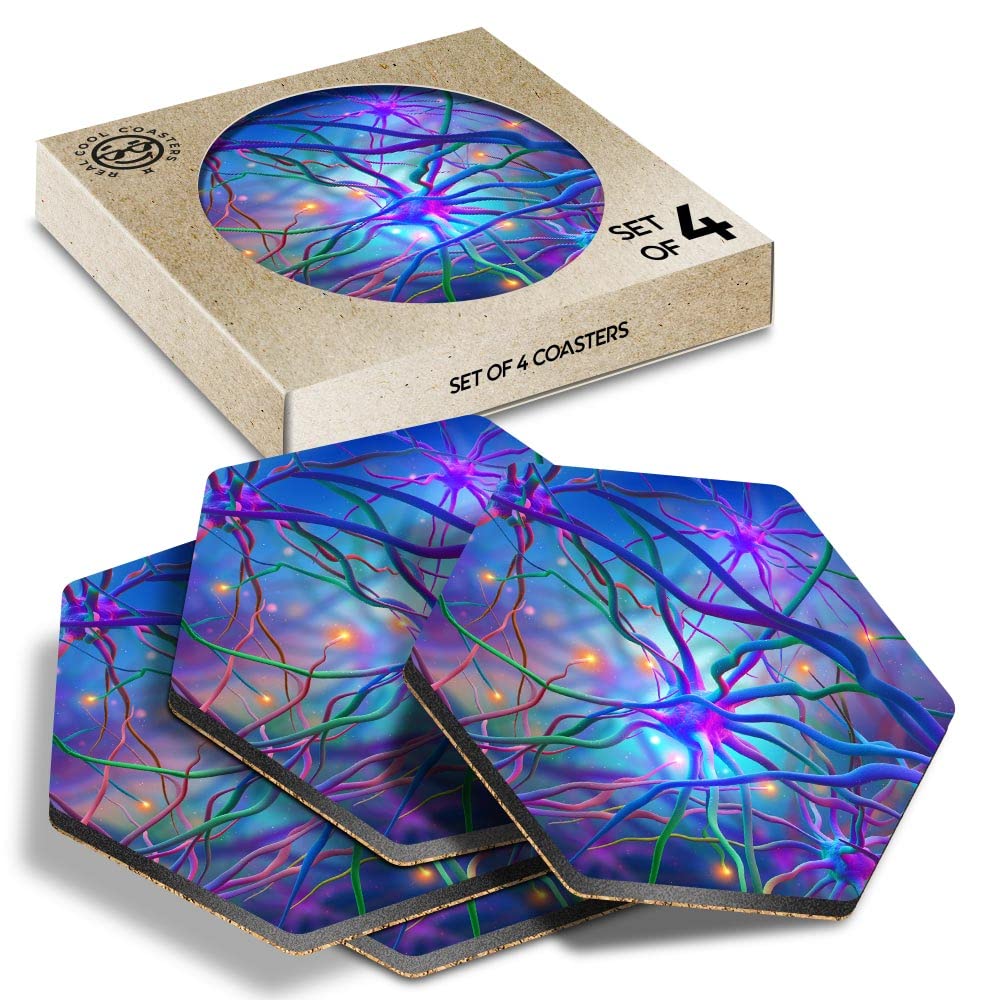 DV DESIGN 4 x Eco Boxed Cork Hexagon Coasters Set - Neural Networks Brain Science Drink Cup Mug Glass Table Protection Mat #2622