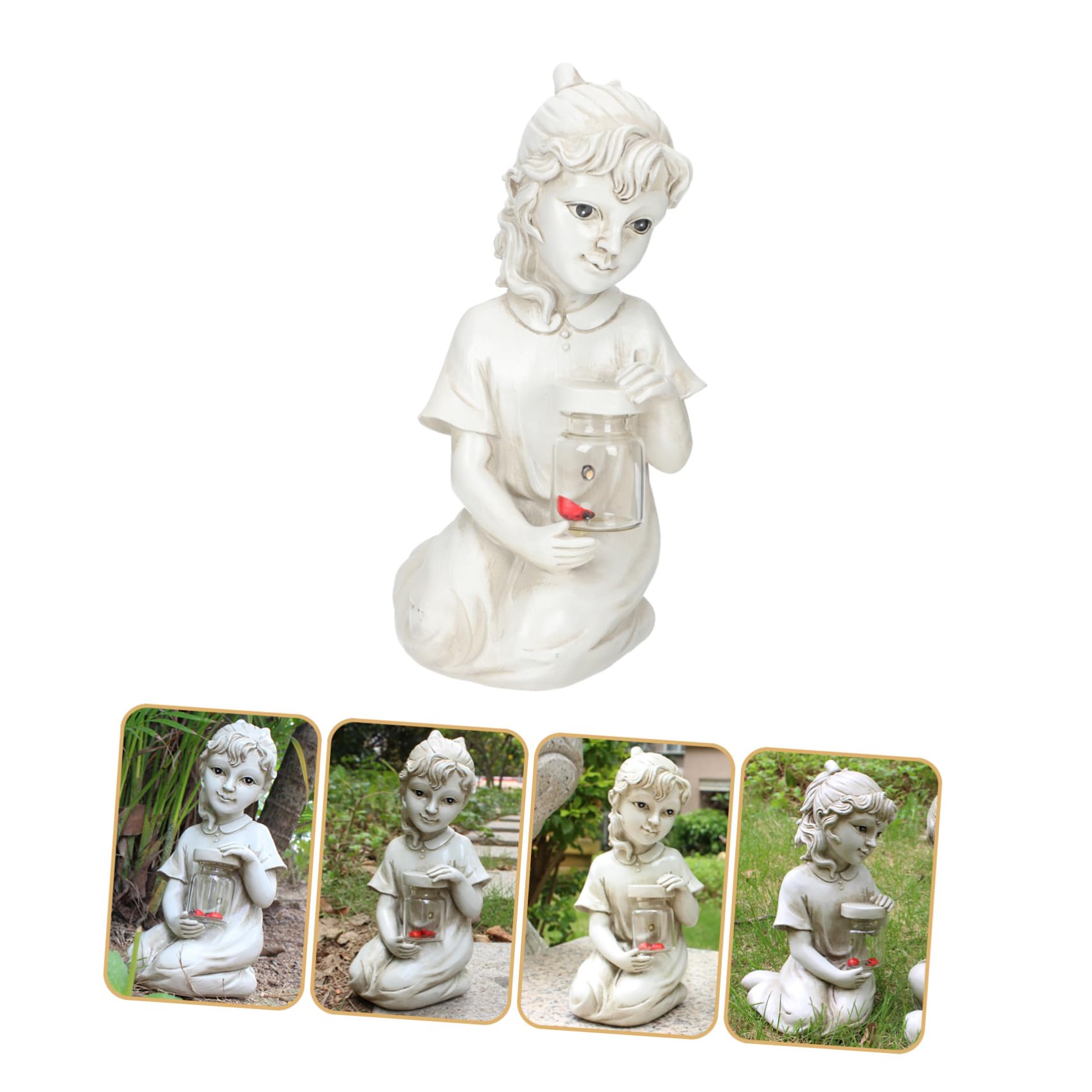 Solar-powered Resin Kid Sculpture Outdoor Garden Ornament with Decorative Lighting Weather-resistant Child Statue for And Flowerbed Décor