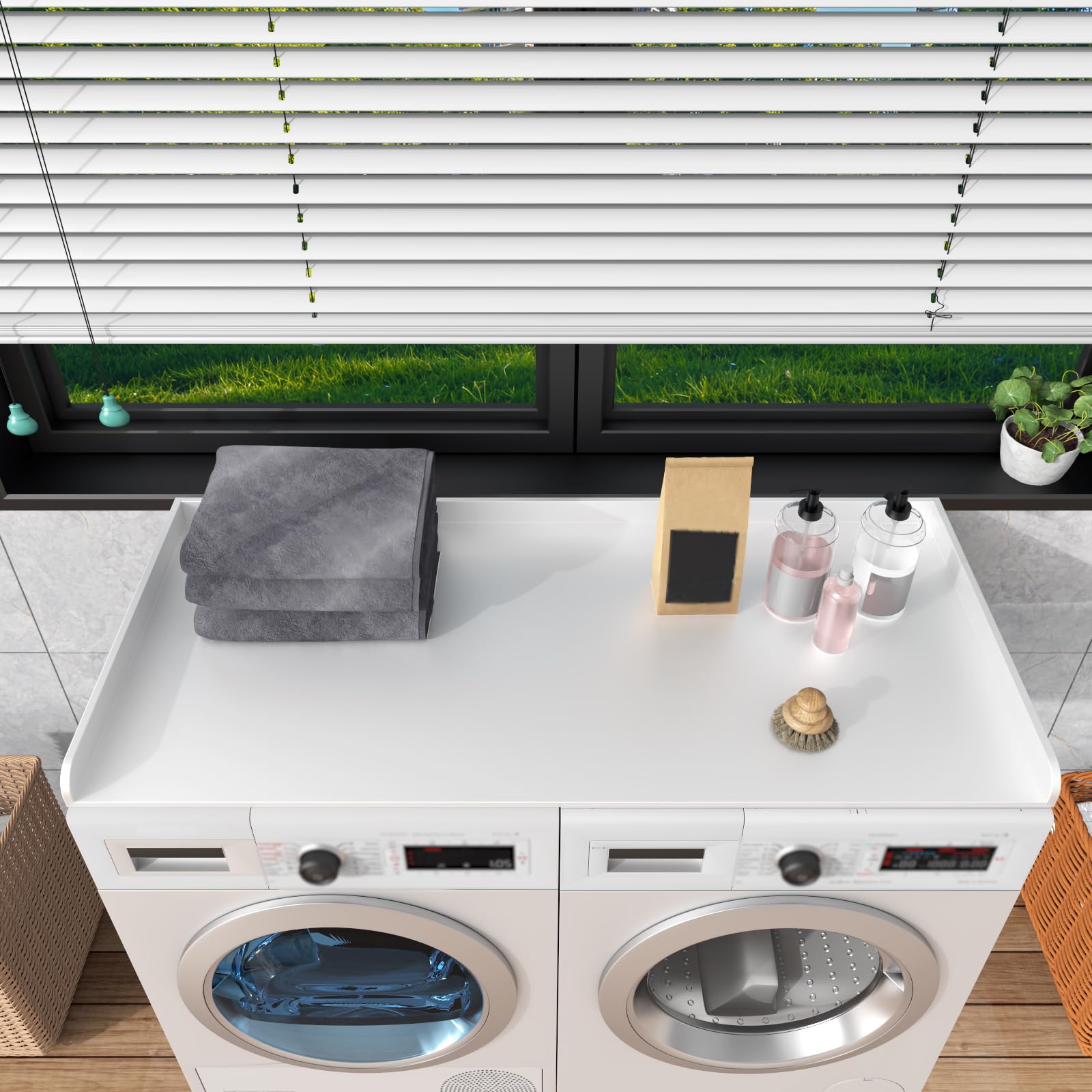 Organizer voor wasmachine en droger, plank boven de wasmachine met verstelbare poten, plank boven de droger met werkblad, plank
