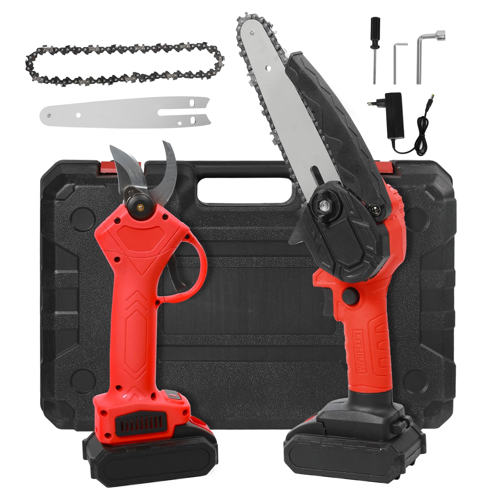 Juego de motosierra y tijeras de podar con batería de 21 V, motosierra de 6 pulgadas y batería de 25 mm con 2 baterías de 21 V 2600 mAh para jardín y bosque