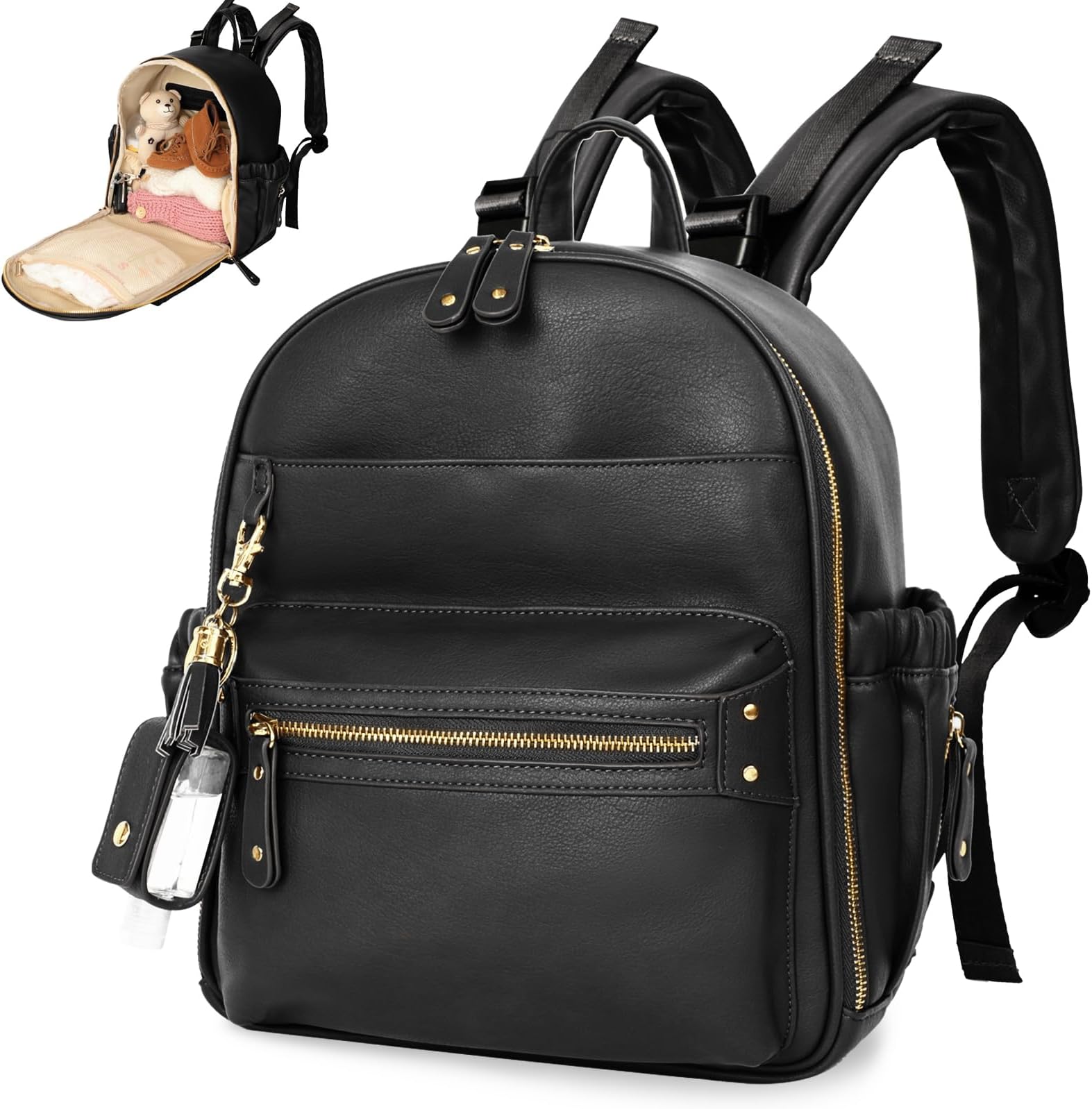 MISS FONGSmall Diaper Bag Mini Diaper Bag Backpack Mini Backpack with 11 Pockets Baby Diaper Bag with Hand Sanitizer Holder, 2 Insulated Pockets-BALCK