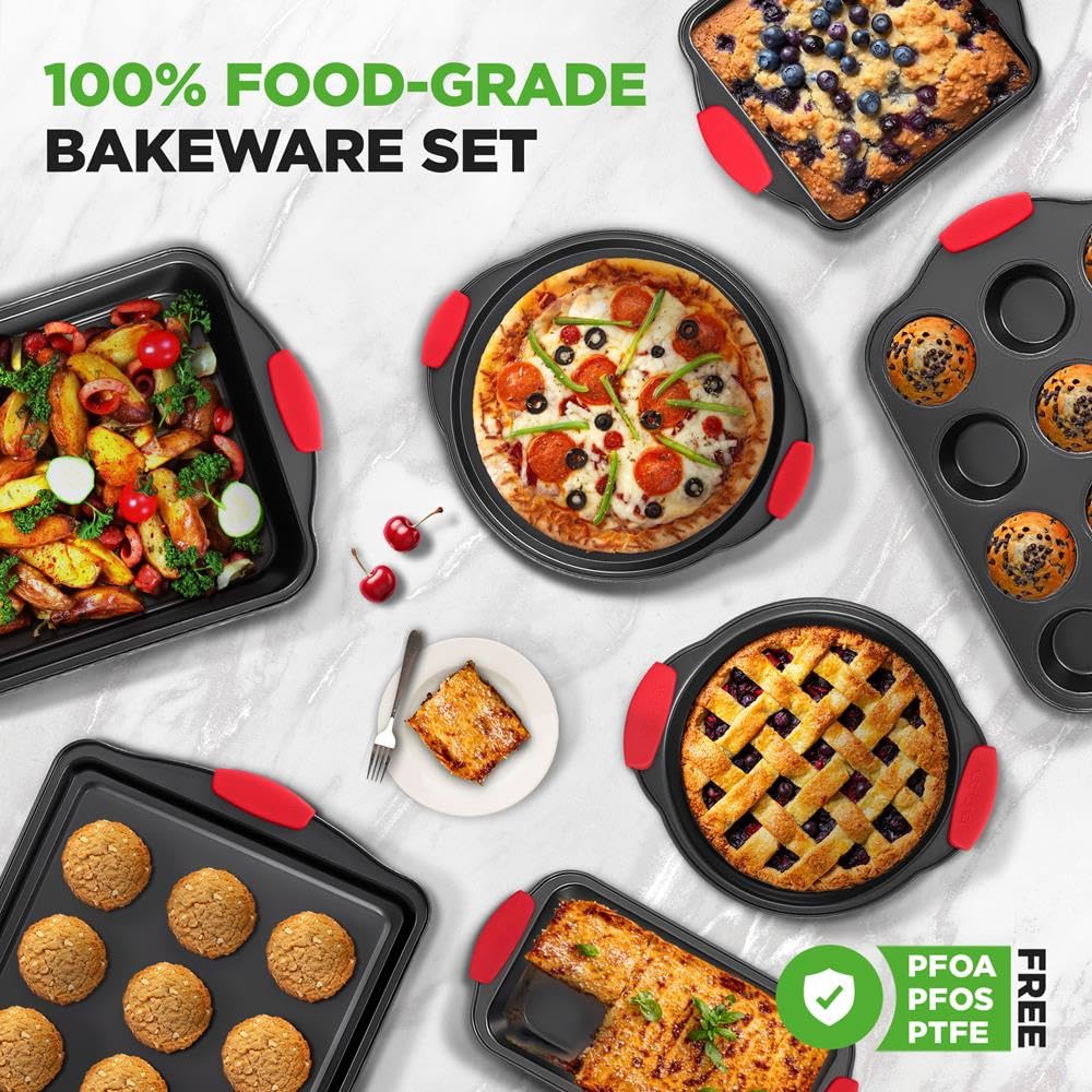 NutriChef Juego de bandejas antiadherentes para hornear de 10 piezas, apilables, aptas para horno, bandeja para galletas, pan, pizza, magdalenas, pasteles, sartenes redondas y cuadradas, bandejas