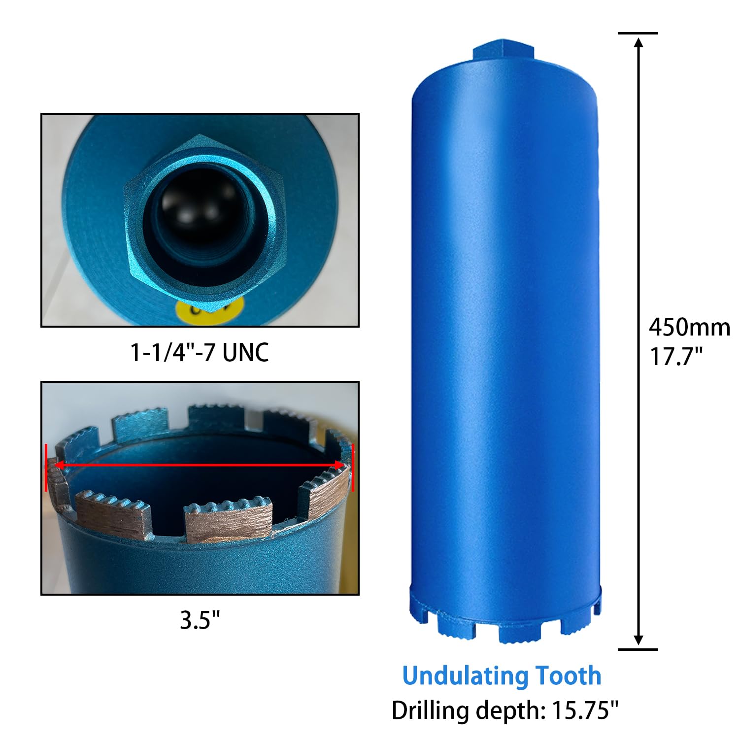 Punte per carotaggio a umido da 3,5" per calcestruzzo indurito con barre d'armatura, mattoni, blocchi, muratura, ecc. Profondità di foratura di 15,75", filettatura 1-1/4-7”, altezza del segment