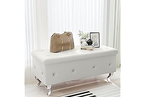 AC Pacific White Crystal Velvet Upholstered Storage Bench with Safety Hinge