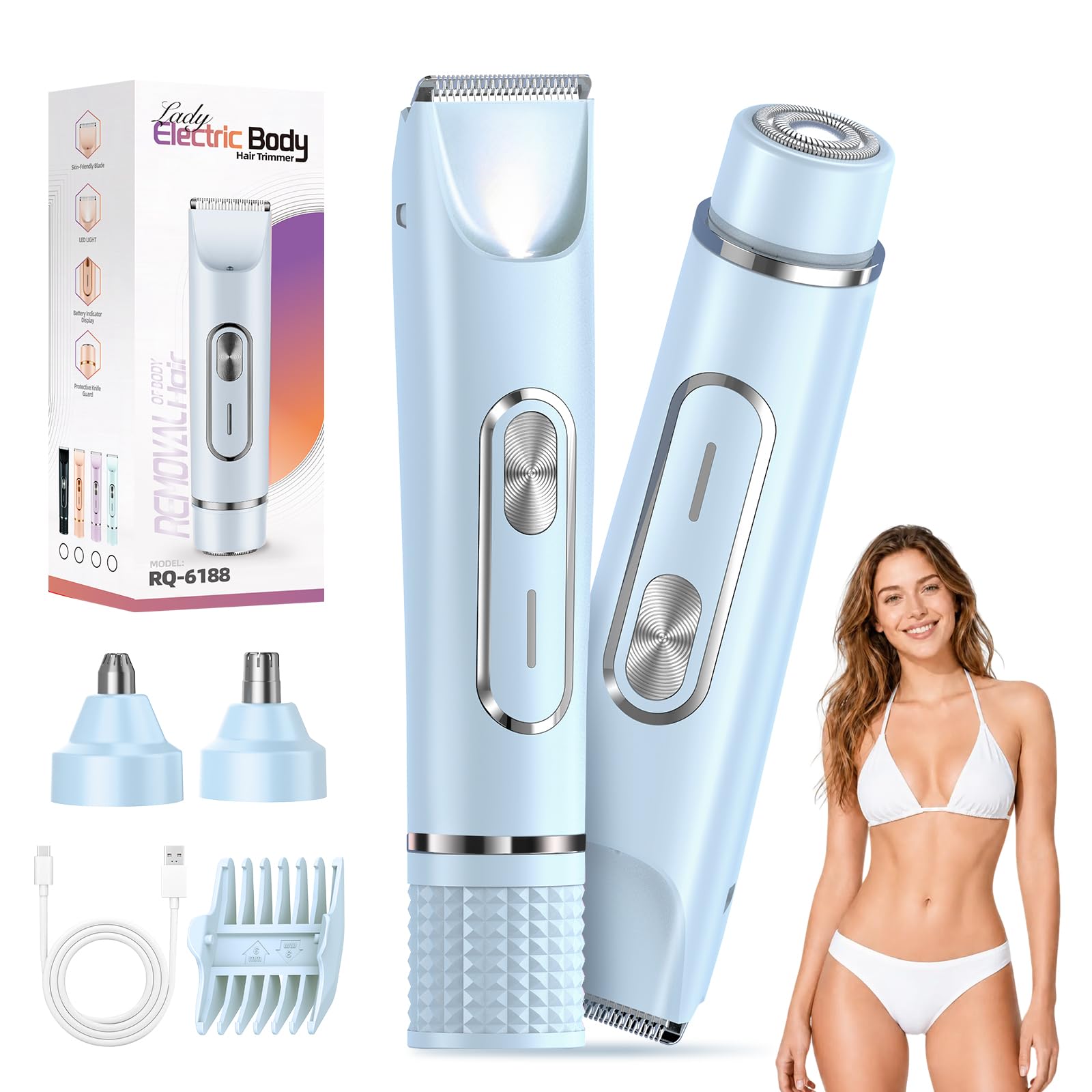 JTF Rasierer Damen,4-in-1 Doppelkopf Intimrasierer für Frauen,Damenrasierer Elektrisch für Gesicht Achseln Beine Bikinizone,Wiederaufladbarer Ipx7 Wasserdicht Elektrorasierer -Blau