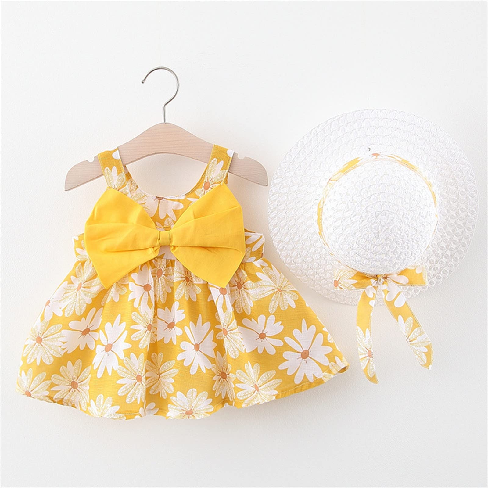 Infant Little Girls Clothes Set Summer Outfit Set Toddler Infant Baby Girls Summer Princess Dresses Vacation Beach Sleeveless Hat Set Ruffles Bow Floral Dress 0-3Y f37 Yellow
