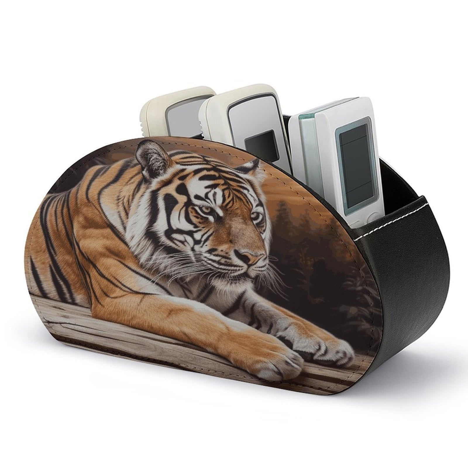 LZQPOEAS Tiger Lying on Wood Remote Control Holder with 5 Compartments PU Leather Remote Organizer Box Caddy for Table Nightstand Remote Caddy Desktop Organizer Fits Media Controllers