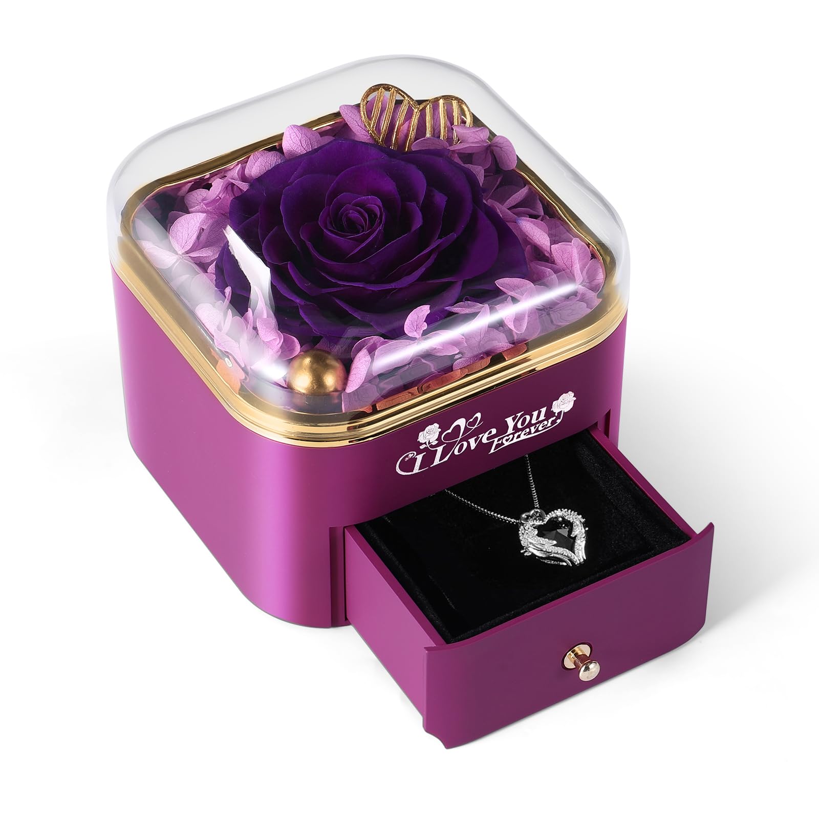 Rosa preservada morada Mikasol con joyero integrado, flor eterna sin mantenimiento para regalo