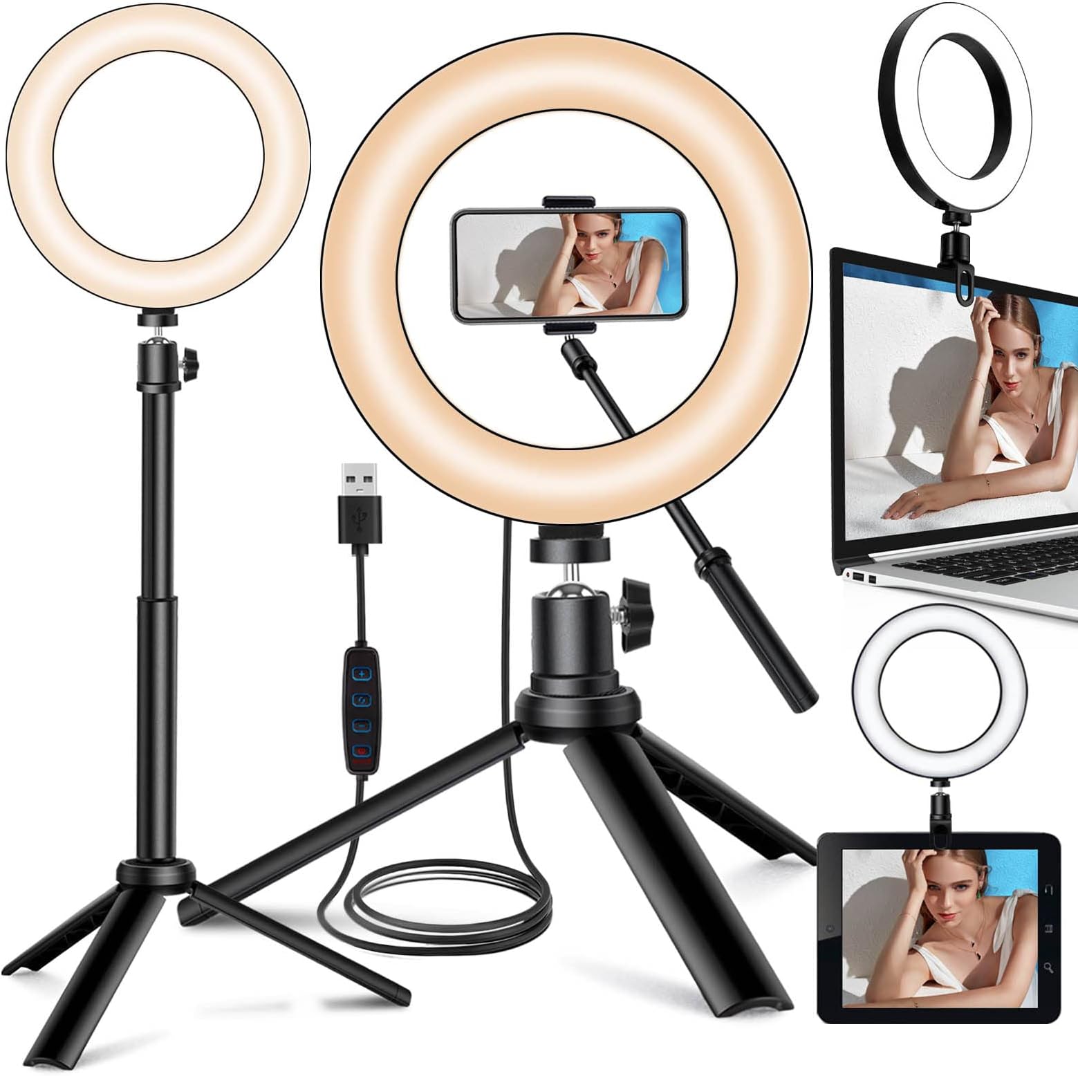 Selfie Ring Light for Zoom Meeting, Dimmable Desktop LED Circle Light with Tripod Stand, 6'' Lighting Kit Gifts for Live Streaming/Laptop Video Conference/Makeup/YouTube/Vlog/Video Recording
