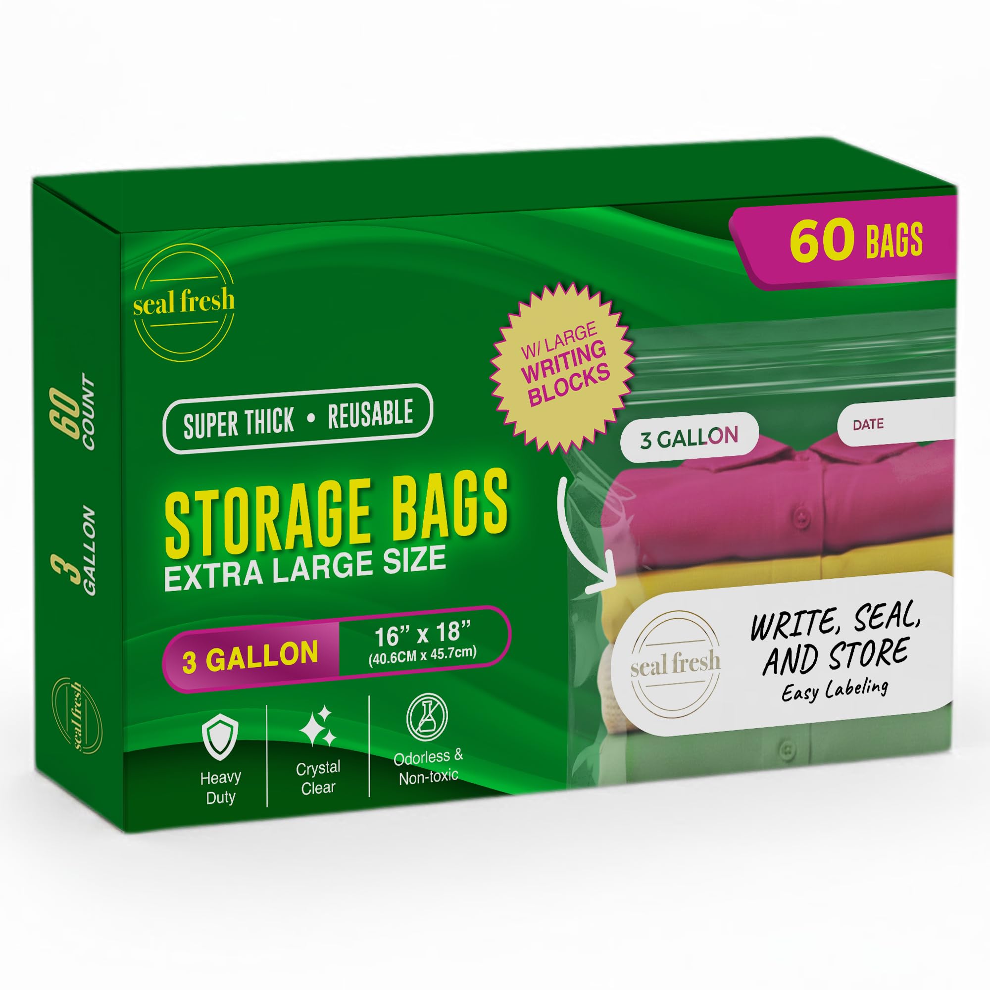 3 Gallon Large Plastic Storage Bags – 16" x 18" (60 Count) – Reusuable XXL Extra Large Heavy Duty Clear Jumbo Freezer Zip Lock Bags with Sealable Zipper Top For Clothes, Travel, Moving