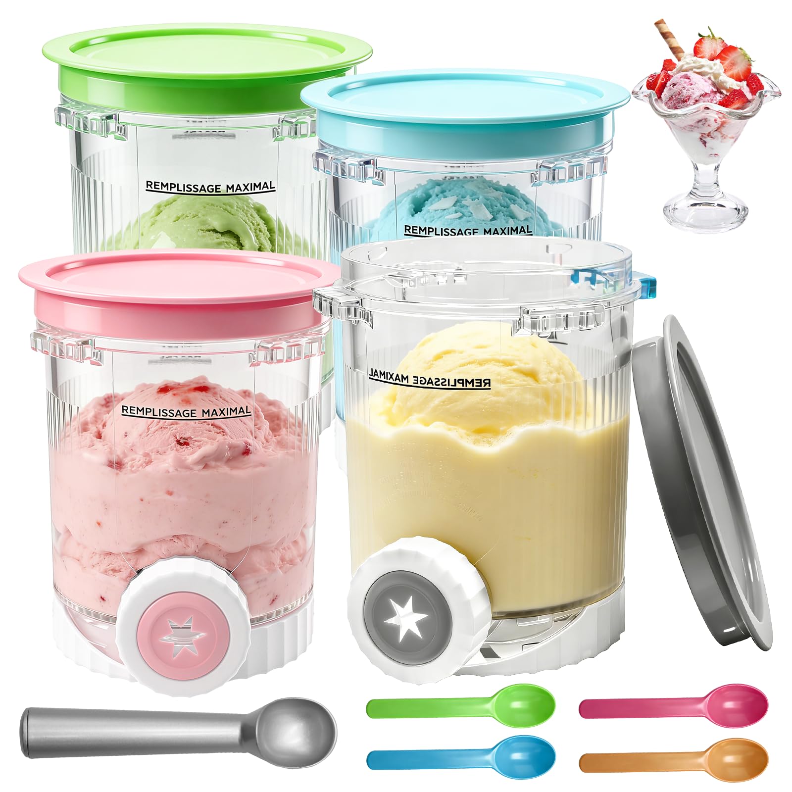 4 pojemniki na lód dla Ninja Swirl Creami 480 ml, kompatybilne z Ninja Creami NC700 i NC701-nie zawiera BPA, nadają się do mycia w zmywarce, akcesoria do lodów Ninj a (4 kolorowe łyżki i 1 duża łyżka)