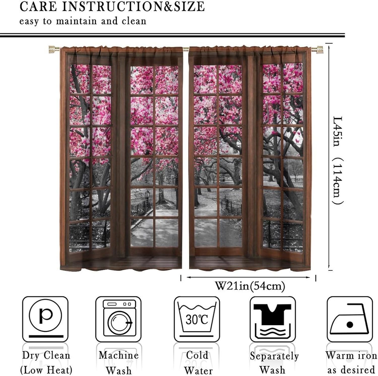 Cherry Blossom Forest Landscape Blackout Curtains, Vintage Black and White Red Cherry Blossom Tree Forest Pattern Windows Treatments, Thermal Insulation Drapes For Girls Living Room Bedroom 42x45in
