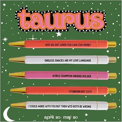 Jxueych 5pcs Taurus-Themed Pen Set, with Humorous Quotes, Black Ink, Medium Nib 1.0mm - Perfect for Office Supplies, Birthdays, Graduation