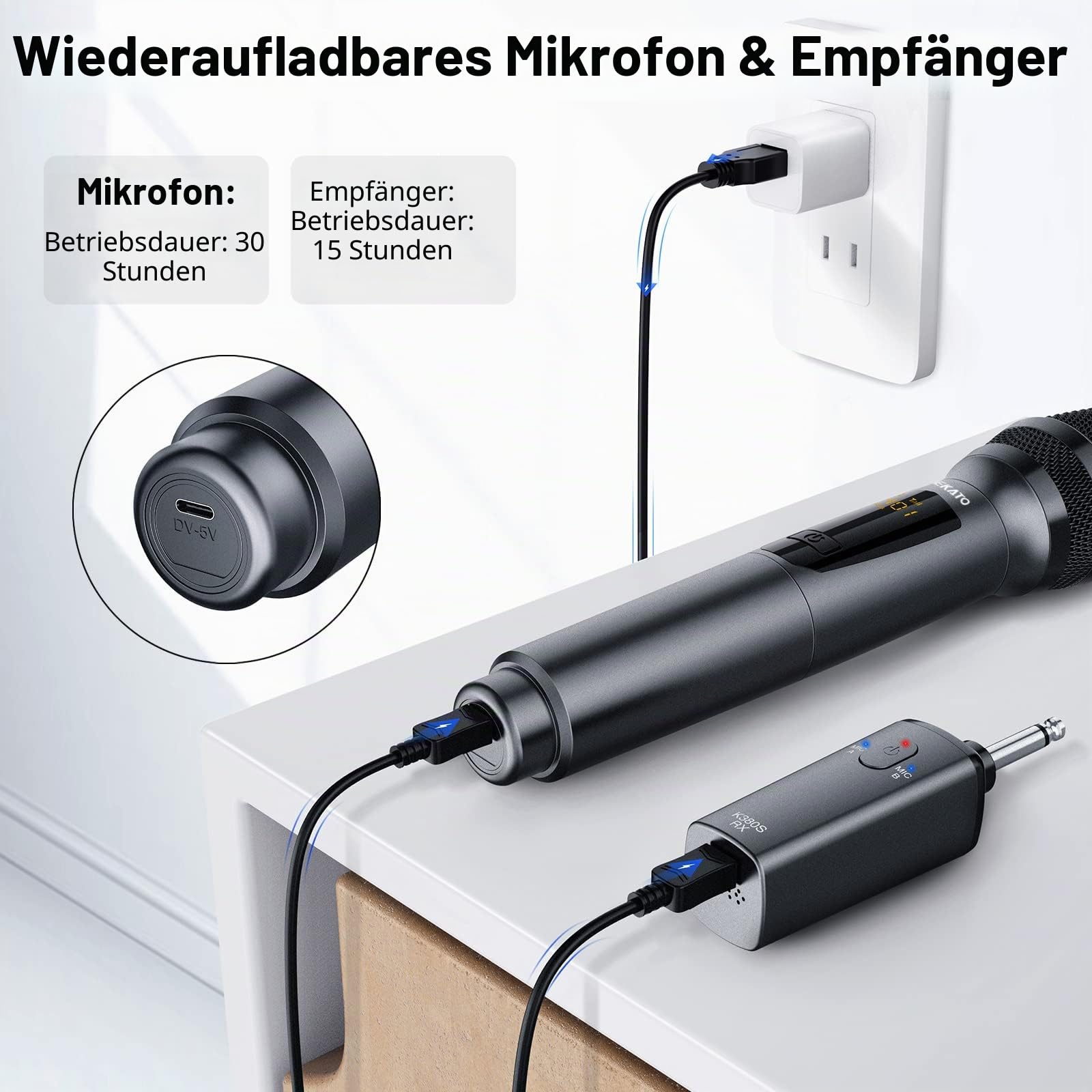 LEKATO Kabelloses Mikrofon, Mikrofone mit 30 Stunden Laufzeit für Karaoke,wiederaufladbar,Dual-Handmikrofon aus Metall zum Singen,schnurloses Mikrofonset für DJs,Gesang,Reden,Kirche,Party, Hochzeit