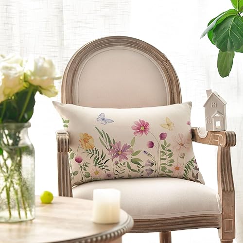 Miniatura 2 de AVOIN colorlife Funda de almohada de flores coloridas de eucalipto y mariposas, 12 x 20 pulgadas, funda de cojín de primavera para sofá