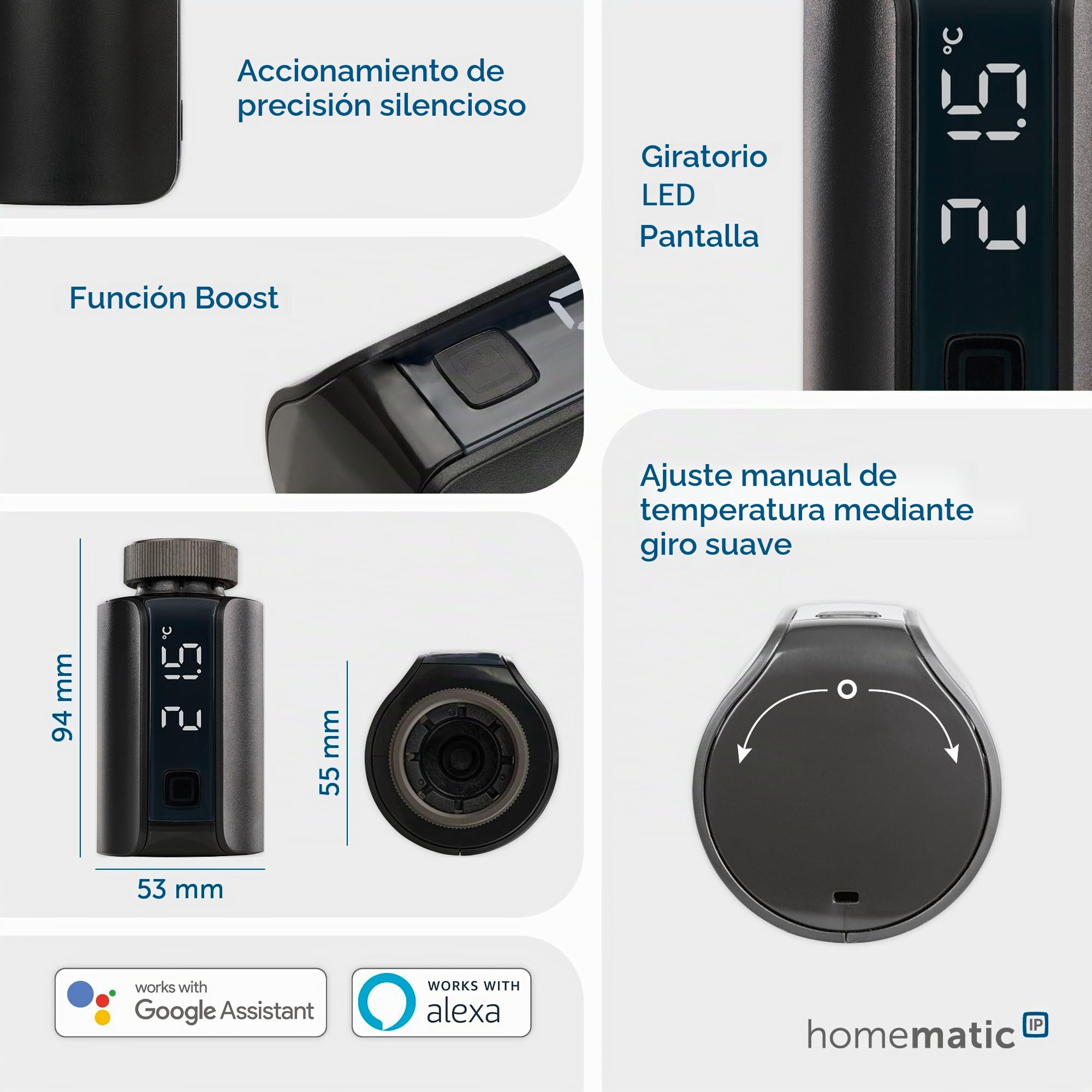 Homematic IP Smart Home 156650A0 - Termostato Digital para radiador, Color Antracita, Control por aplicación, Alexa, Google Assistant, fácil instalación, Ahorro de energía