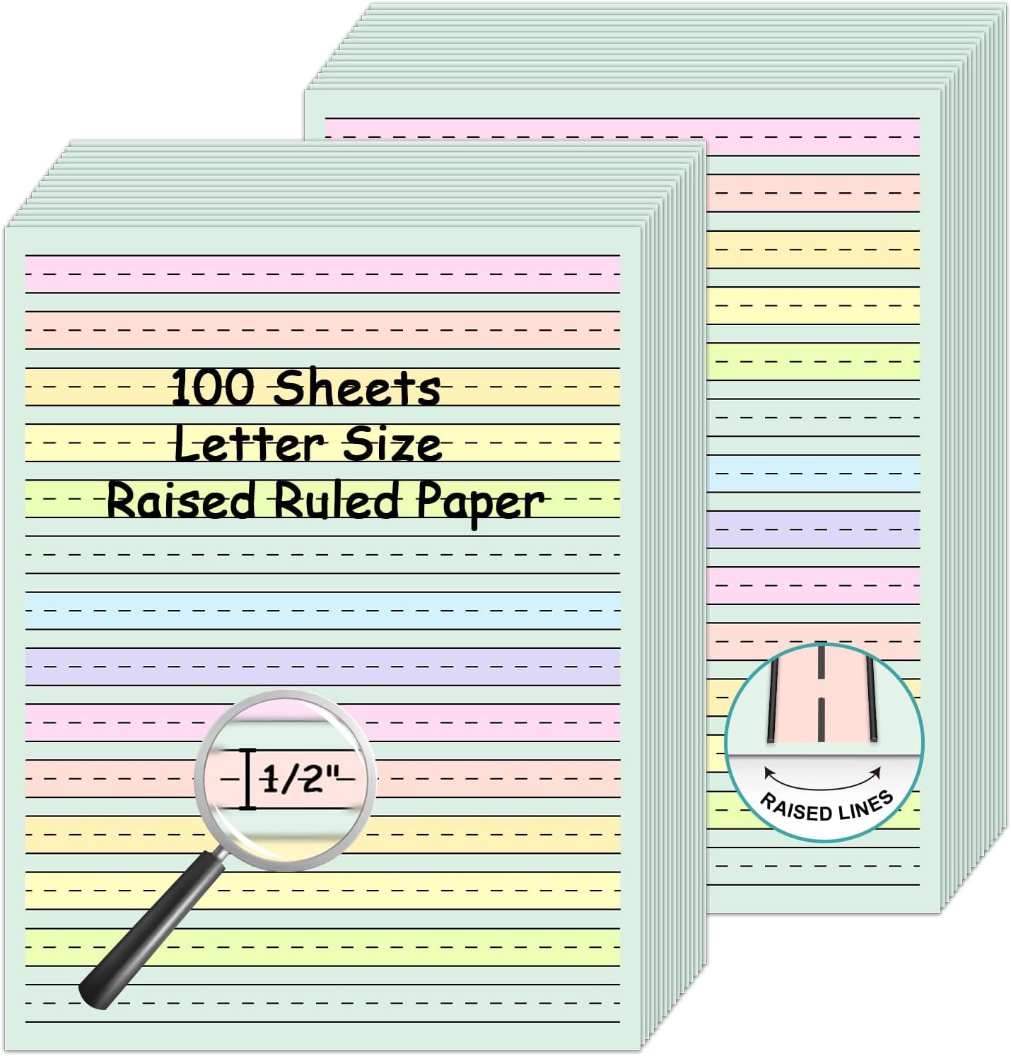 200 Sheet Raised Line Handwriting Paper With 1/2" Spacing Wide Ruled Writing Paper for Kindergarten 8.5"x 11" Colored Primary Writing Paper Pad Handwriting Practice For Kids Multi Sensory Dysgraphia