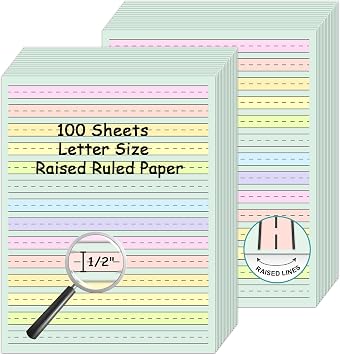 100 Sheets Handwriting Paper 8.5x11 Double Side Colored Primary Writing Paper for Kids with ADHD 0.5 Tactile Writing Lines Spacing Multi-Sensory Ruled Handwriting Tablet Dysgraphia Pad for Children