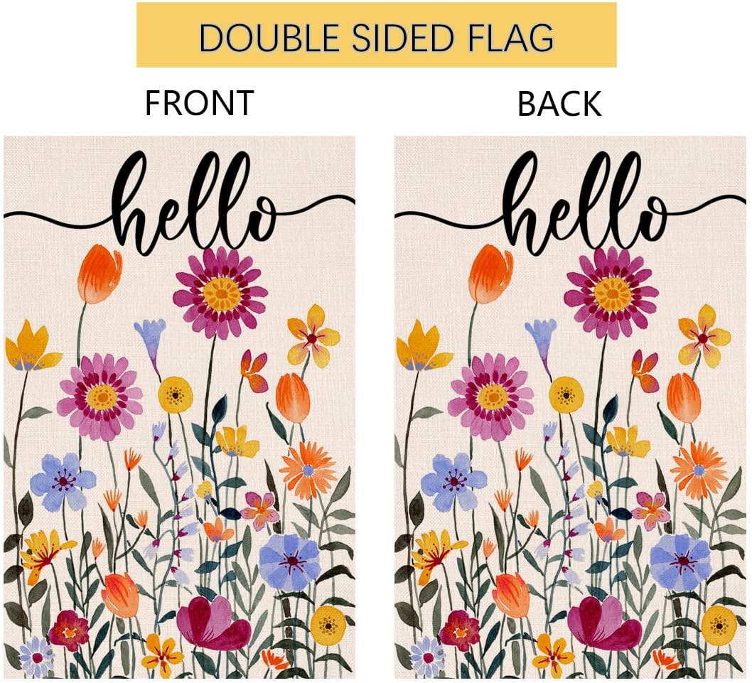 Hello Spring Floral Garden Flag 12x18 Vertical Double Sided Colorful Flowers Summer Farmhouse Holiday Outside Decorations Burlap Yard Flag BW257 - Image 5
