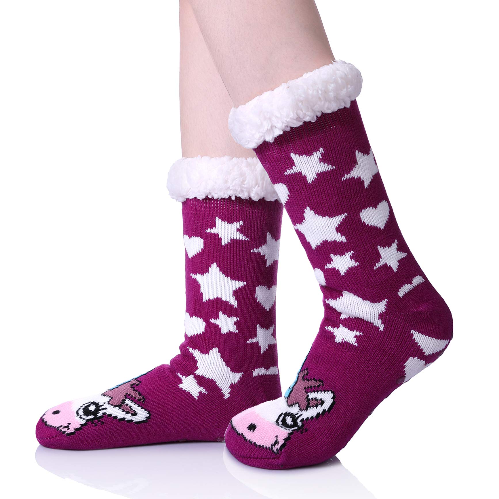 Womens Sherpa Winter Fleece Lining Knit Animal Socks Non Slip Warm Fuzzy Cozy Slipper Socks