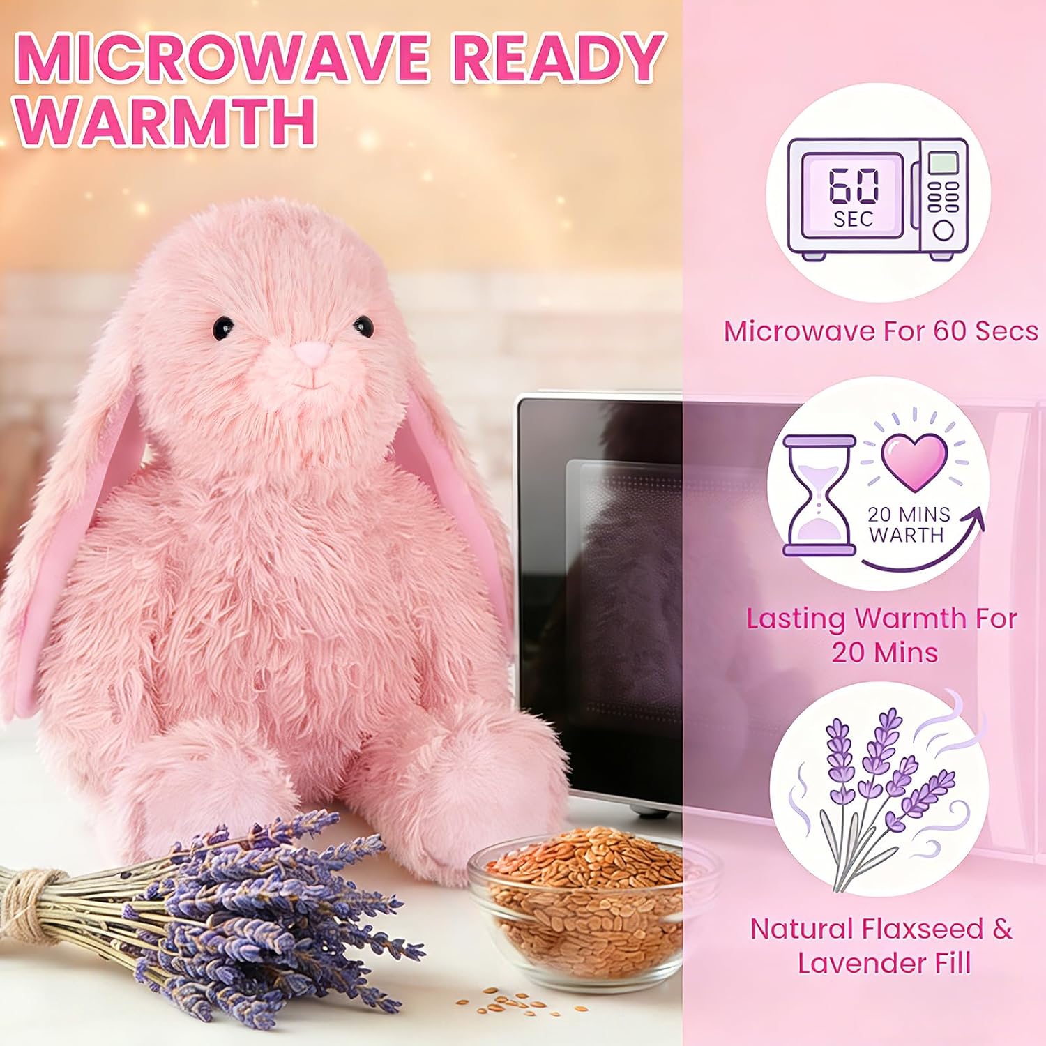 SuzziPals Heatable & Coolable Pink Bunny Stuffed Animal Heating Pad for Soothing & Relaxation, Lavender Pink Bunny Plush for Discomfort, Rabbit Stuffed Animals for Kids, Easter Bunny Plushies Gift