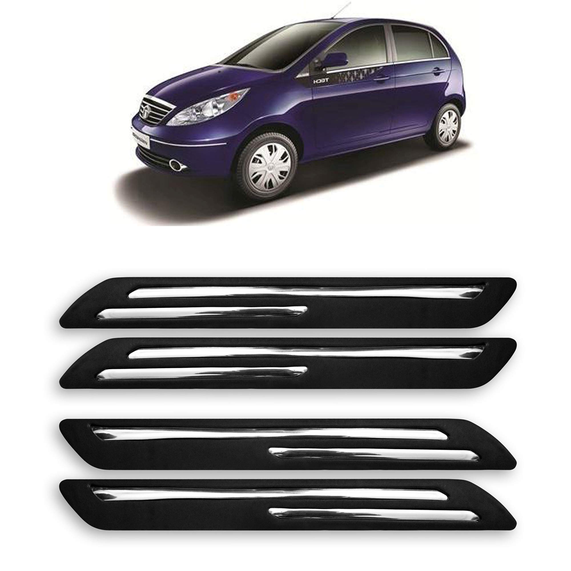 DROHAR® Presenting Car Bumper Protector Guard for Tata Vista Tech with Rust Proof Double Chromium Strip (Black Set of 4-Pcs)
