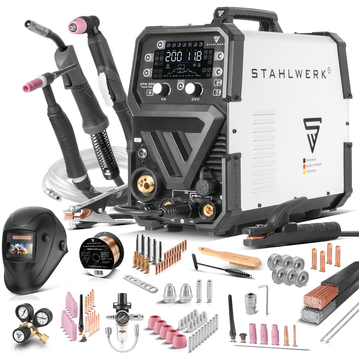STAHLWERK Poste à souder combiné 6-en-1 CTM-250 Puls Pro – Kit complet – TIG, MIG/MAG, MMA (électrode) & FLUX jusqu'à 200 A, découpeur plasma (CUT) jusqu'à 45 A, dévidage synergique, fonction Pulse