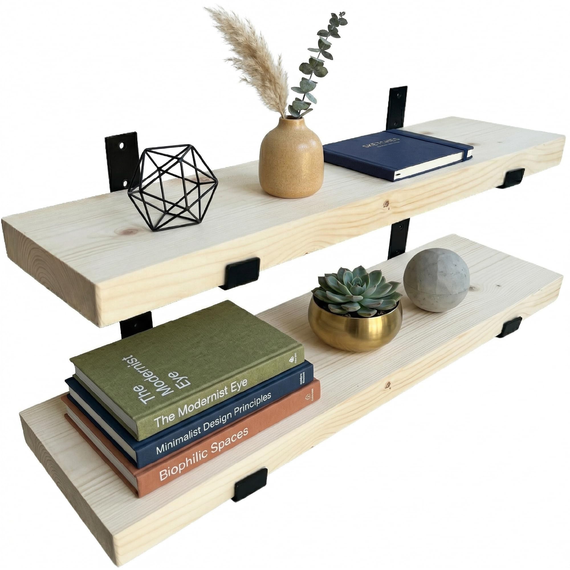 Top Notch Home & Living Pack of Two Handcrafted Rustic Wooden Wall Shelves, Incl 2 Up Brackets per Shelf, Wood Shelf Made in the UK from Solid Timber, Heavy Duty for Kitchen, Bathroom & Living Room