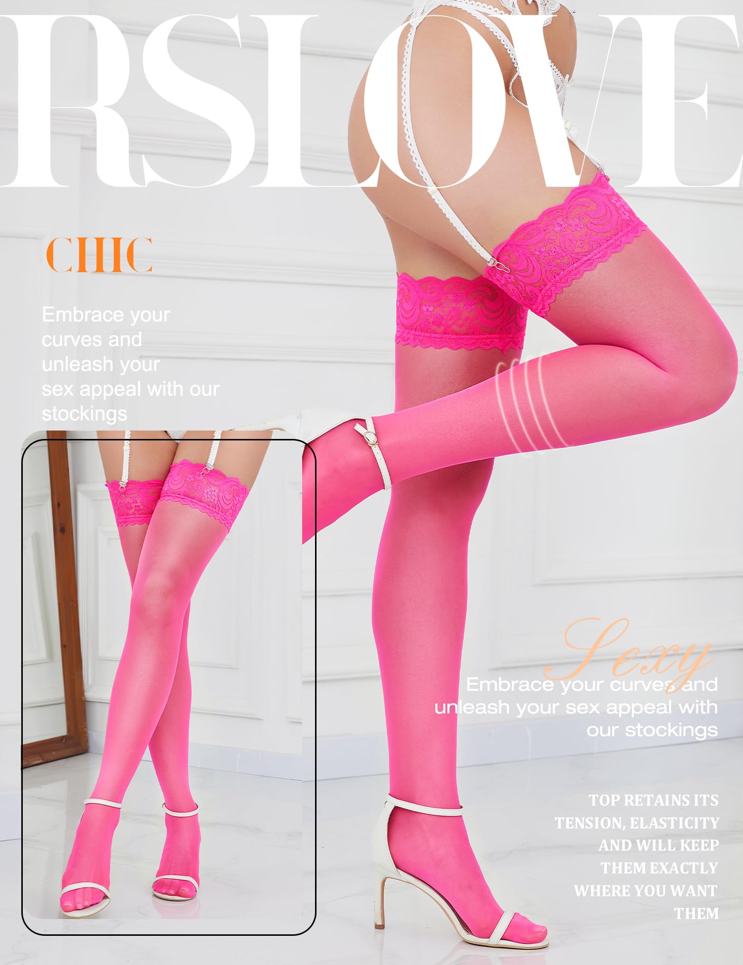 RSLOVE Women's Lace Top Thigh High Sheer Stockings Antiskid Silicone Ultra Shimmery Pantyhose: One Size Fluorescent Pink
