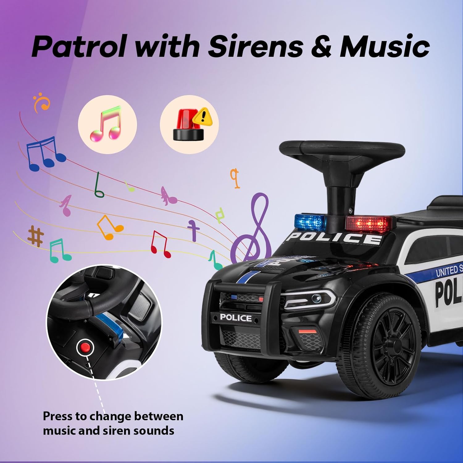OLAKIDS Ride On Push Police Car, Toddler Foot-to-Floor Sliding Toy with Siren, Steering Wheel, Megaphone, Horn, Headlights, Under Seat Storage, Kids Racer Walking Gift for Boys Girls 1-3 (Classic)